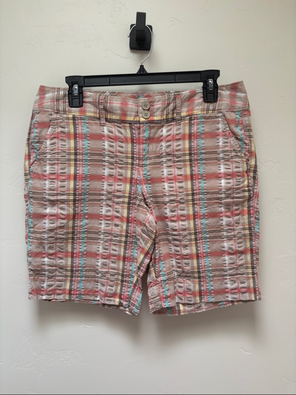 Caslon Coral Plaid Seersucker Bermuda Shorts with Pastel Stripes